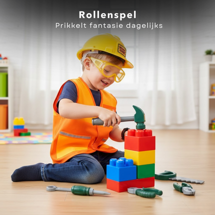Cheqo® Bouwvakker Verkleedset - Bouwvakker Verkleedkostuum Kind - Bouwvakker Kostuum Kind - Bouwvakker Verkleedkleding - Bouwvakker Outfit Kind - Bouwvakker Verkleedset Helm Gereedschap