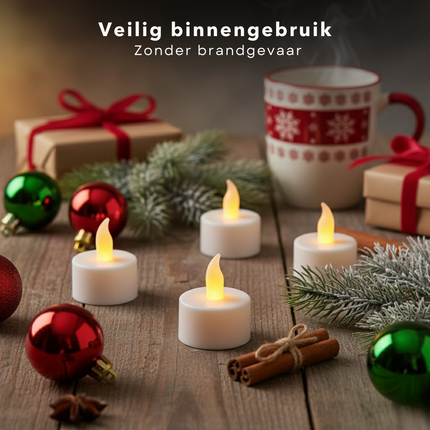 Cheqo® LED Theelichten Elektrisch - Flikkerend Warmwit Licht - Witte LED Kaarsen - Theelicht Set - Elektrische Waxinelichtjes - Decoratief Licht - Vervangbare Batterijen - Set Van 24 Waxine Lichtjes - Kaarsjes Elektrisch