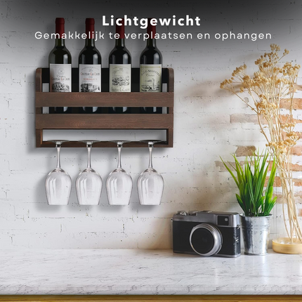 Cheqo® Houten Wijnrek Wandmontage - Flessenrek - Wijnflesrek - Wijnflessen Rek Voor 4 Flessen en Glazen - Glazenhouder - Hout - Compact Design