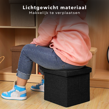 Cheqo® Opvouwbare Poef Met Opbergruimte - Zwart - Opbergbox - Organizer - Voetenbankje - Hocker - MDF en Katoen