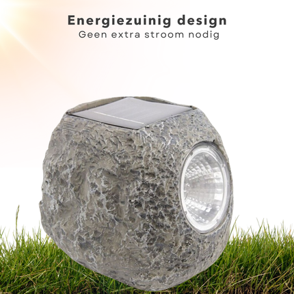Cheqo® Solarlamp Steen - Grondspots - Decoratieve Tuinverlichting - Zonne-energie - Grijs Polyresin