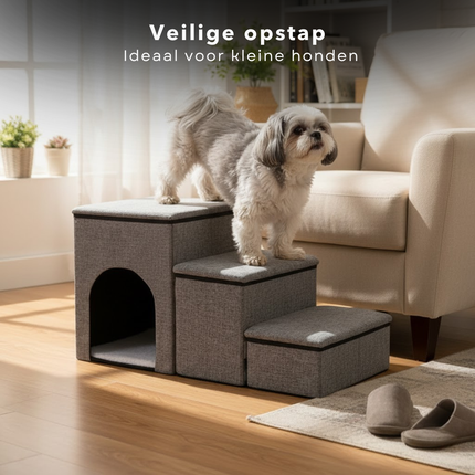 Cheqo® Opvouwbaar Hondentrap - Trapje Voor Huisdieren - Drie Compartimenten - Ingebouwde Mand - Opbergruimte Voor Speelgoed - Oxford Materiaal - MDF Constructie - 4200 Gram Gewicht - Huisdier Trap - Kleine Honden Trap