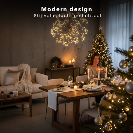 Cheqo® Lichtbol Warm Wit - Kerstverlichting Buiten - Ø 40 cm - Met Timer - Spatwaterdicht - Tuinverlichting - Micro LED-Lampjes - Zwart Snoer - IP44 Stekker - Voor Binnen En Buiten - Hangend Licht - Kerstversiering - Decoratieve Lamp - 576 LED's