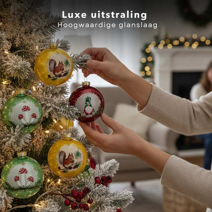 Cheqo® Glazen Kerstballen - Set Van 12 - Glanzend Kerstballen - Traditionele Kerstballen - Rode Kerstballen - Gele Kerstballen - Groene Kerstballen - Kerstboomversiering - Kerstdecoratie - Glazen Ornamenten - Kerstbal Set