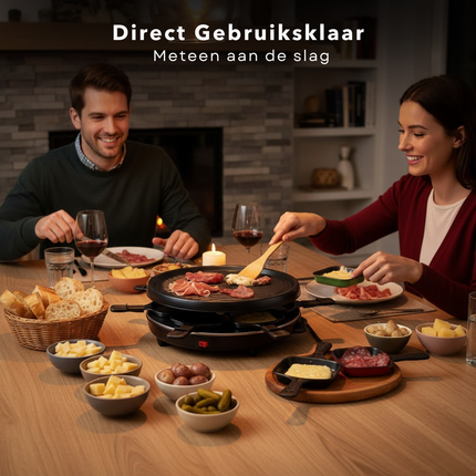 Cheqo® Raclette Grill - 6 Persoons - Stalen Grillplaat - Gourmet - Gourmetten - Antiaanbaklaag - PFAS-Vrij - Anti-Slip Voetjes - Houten Spatels - Eenvoudig Te Reinigen - Compacte Raclette