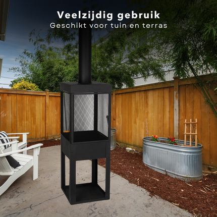 Cheqo® Terrashaard Metaal - Buitenhaard met Schoorsteen - Terrashaard - Terraskachel Modern Design - Vuurkorf Tuinhaard - Houtkachel - 195cm