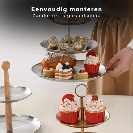 Cheqo® Etagere 3-Laags - RVS Serveerschaal - 34 cm Hoog - Ideaal voor High Tea - Serveer Schaal - Borrelplank