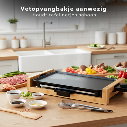 Cheqo® Teppanyaki Bakplaat - Grillplaat Grill - Elektrische Tafelgrill - Bamboe Hout - Bakplaat Kerst - Verstelbare Temperatuur - 2000W Vermogen - Tafelgrill Voor Gezin - Tepanyaki Plaat - Gourmet Grillplaat - Gourmetten Elektrisch