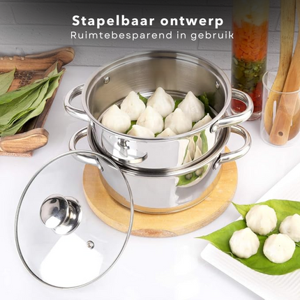 Cheqo® RVS Stoompan - Rijst- en Groentestomer - Handig voor Couscous en Rijst - 3-delig - Inductie - Ø 20 cm - Glazen Deksel