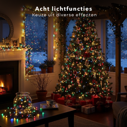 Cheqo® Kerstboomverlichting Multicolor - Kerstverlichting Met Timer - Binnen En Buiten Gebruik - IP44 - 8 Lichtfuncties - Zwart Snoer - Geheugenfunctie - Kerstlampjes - Kerstboom Verlichting - Kerstdecoratie - 15 meter