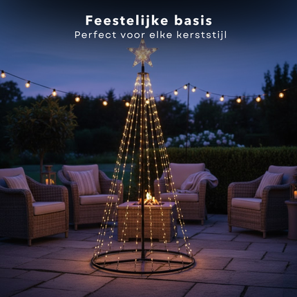 Cheqo® LED Kerstboom Vlaggenmast - Vlaggenmast Verlichting - Warm Wit LED met Afstandsbediening - Kerstverlichting Buiten - Zwart Frame - 150 cm - IP44 Adapter - Binnen En Buiten - Metalen Frame - LED Kerstboom