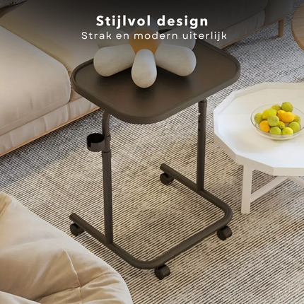 Cheqo® Verstelbare Bijzettafel Op Wieltjes - Banktafel - Koffietafel - Sidetable - Laptoptafel - Laptop Tafel - Bijzet Tafel - Zwart MDF - Kantelbaar