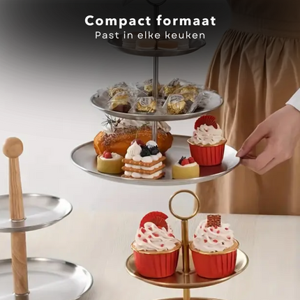 Cheqo® Etagere 3-Laags - RVS Serveerschaal - 34 cm Hoog - Ideaal voor High Tea - Serveer Schaal - Borrelplank