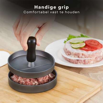 Cheqo® Hamburgerpers - Hamburger Pers - Hamburger Maker - Aluminium Hamburgermaker - Rond - Met Handvat