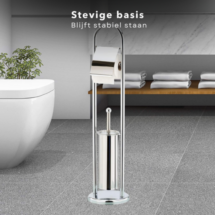 Cheqo® Staande Toiletset - Mat RVS - Vrijstaande Toiletrolhouder en Borstel - 80cm Hoog - Toiletbutler Vrijstaand - Toiletborstel met Houder - WC Rolhouder met Klep