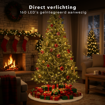 Cheqo® Kunstkerstboom Met LED-Verlichting - LED-Lampjes Warm Wit - Natuurlijke Uitstraling - Volle Kerstboom - Scharnier Constructie - Luxe Takverdeling - 180 CM Kerstboom - Groene Kerstboom - Eenvoudig Op Te Zetten
