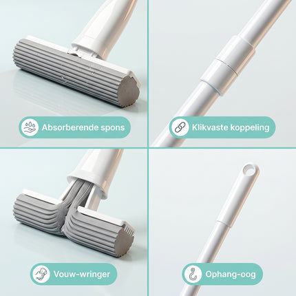 Cheqo® Zelfuitwringende Mop met Spons - Sponsmop - Vloerwisser - Vloermop - Spons Dweilmop - Mop met Uitwringfunctie - Platte Mop - PVA Spons Mop - Mop met Telescoopsteel - Vloerdweil - Mop voor Tegels en Laminaat - Dweilsysteem - Wondermop