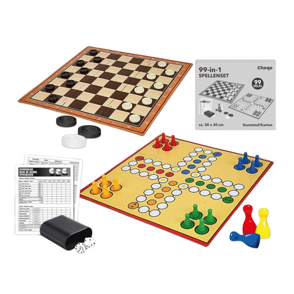 Cheqo® Bordspel Set - 99 Spellen in 1 - Gezelschapsspellen - Inclusief Dobbelstenen en Pionnen