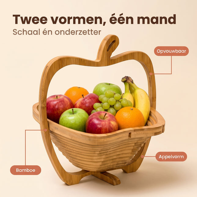 Cheqo® Fruitmand Opvouwbaar - Fruitschaal Bamboe - Onderzetter in Appelvorm - Broodmand en Groentemand - Inklapbaar Houten Design - Pannenonderzetter - Keuken Decoratie - Fruitkom voor Eettafel - Serveerschaal voor Fruit en Groente - Benefit Map