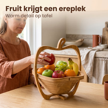 Cheqo® Fruitmand Opvouwbaar - Fruitschaal Bamboe - Onderzetter in Appelvorm - Broodmand en Groentemand - Inklapbaar Houten Design - Pannenonderzetter - Keuken Decoratie - Fruitkom voor Eettafel - Serveerschaal voor Fruit en Groente - Lifestyle