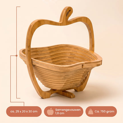 Cheqo® Fruitmand Opvouwbaar - Fruitschaal Bamboe - Onderzetter in Appelvorm - Broodmand en Groentemand - Inklapbaar Houten Design - Pannenonderzetter - Keuken Decoratie - Fruitkom voor Eettafel - Serveerschaal voor Fruit en Groente - Specs