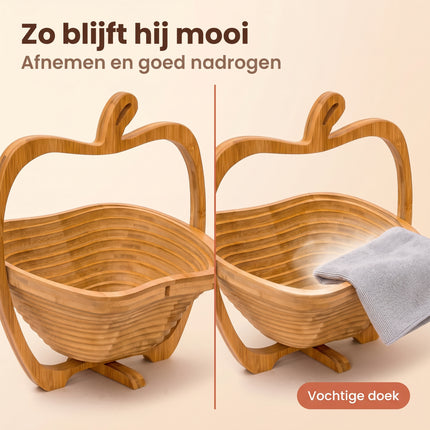 Cheqo® Fruitmand Opvouwbaar - Fruitschaal Bamboe - Onderzetter in Appelvorm - Broodmand en Groentemand - Inklapbaar Houten Design - Pannenonderzetter - Keuken Decoratie - Fruitkom voor Eettafel - Serveerschaal voor Fruit en Groente - Bezwaarkiller