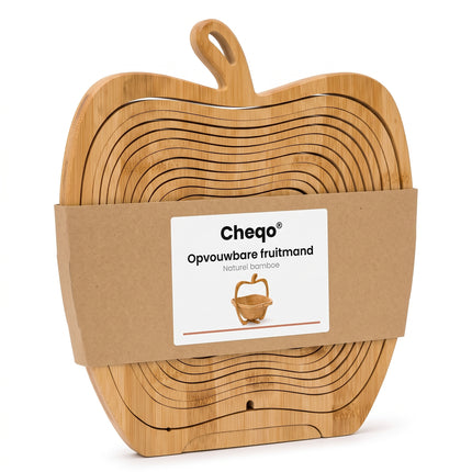 Cheqo® Fruitmand Opvouwbaar - Fruitschaal Bamboe - Onderzetter in Appelvorm - Broodmand en Groentemand - Inklapbaar Houten Design - Pannenonderzetter - Keuken Decoratie - Fruitkom voor Eettafel - Serveerschaal voor Fruit en Groente - Verpakking