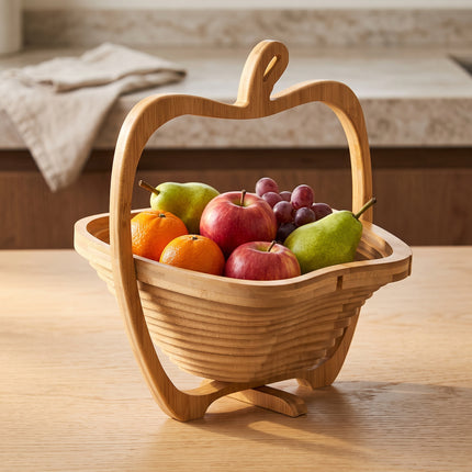 Cheqo® Fruitmand Opvouwbaar - Fruitschaal Bamboe - Onderzetter in Appelvorm - Broodmand en Groentemand - Inklapbaar Houten Design - Pannenonderzetter - Keuken Decoratie - Fruitkom voor Eettafel - Serveerschaal voor Fruit en Groente - Hero Lifestyle