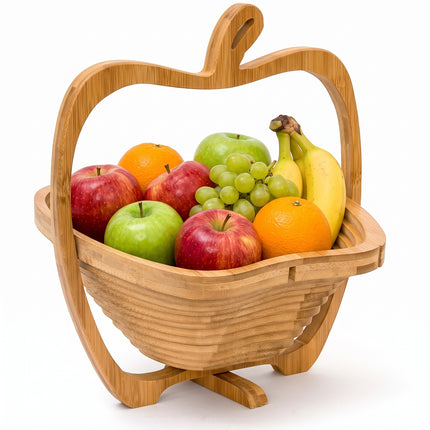 Cheqo® Fruitmand Opvouwbaar - Fruitschaal Bamboe - Onderzetter in Appelvorm - Broodmand en Groentemand - Inklapbaar Houten Design - Pannenonderzetter - Keuken Decoratie - Fruitkom voor Eettafel - Serveerschaal voor Fruit en Groente - Hero Studio
