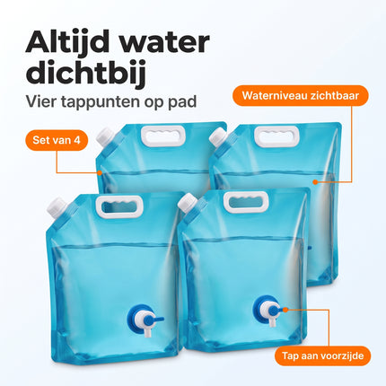 Cheqo® Waterzak Set van 4 - Opvouwbare Jerrycan met Tapkraan - Watertank - Watercontainer - Waterreservoir - Wateropslag - Waterkan met Kraantje - Drinkwater voor Camping - Kamperen - Noodvoorraad - Outdoor - voor Festival - Benefit Map