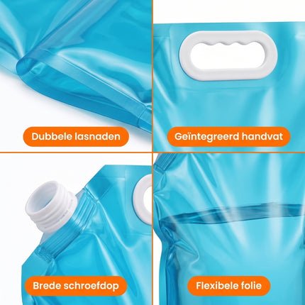 Cheqo® Waterzak Set van 4 - Opvouwbare Jerrycan met Tapkraan - Watertank - Watercontainer - Waterreservoir - Wateropslag - Waterkan met Kraantje - Drinkwater voor Camping - Kamperen - Noodvoorraad - Outdoor - voor Festival - Detail Split