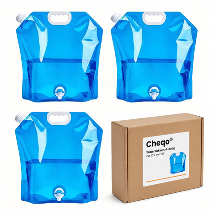 Cheqo® Waterzak Set van 4 - Opvouwbare Jerrycan met Tapkraan - Watertank - Watercontainer - Waterreservoir - Wateropslag - Waterkan met Kraantje - Drinkwater voor Camping - Kamperen - Noodvoorraad - Outdoor - voor Festival - Verpakking