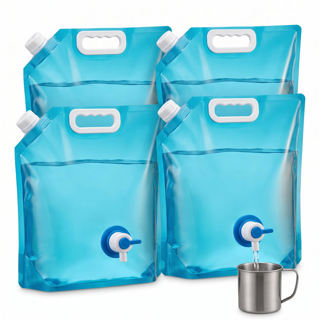 Cheqo® Waterzak Set van 4 - Opvouwbare Jerrycan met Tapkraan - Watertank - Watercontainer - Waterreservoir - Wateropslag - Waterkan met Kraantje - Drinkwater voor Camping - Kamperen - Noodvoorraad - Outdoor - voor Festival - Hero Studio