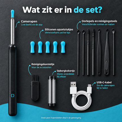 Cheqo® Oorsmeer Verwijderaar met Camera - Oorreiniger - Oor Camera - Ear Cleaner - Oren Schoonmaken - Otoscoop - Oorlepel - Oorsmeer Verwijderen - Earscratcher - Ooreiniging - met WiFi en App op Smartphone - HD Camera — infographic 7