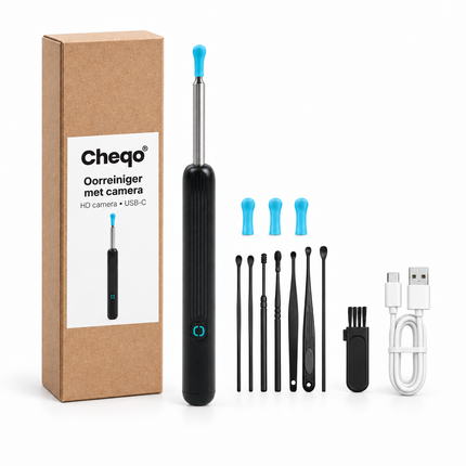 Cheqo® Oorsmeer Verwijderaar met Camera - Oorreiniger - Oor Camera - Ear Cleaner - Oren Schoonmaken - Otoscoop - Oorlepel - Oorsmeer Verwijderen - Earscratcher - Ooreiniging - met WiFi en App op Smartphone - HD Camera — Cheqo verpakkingsconcept
