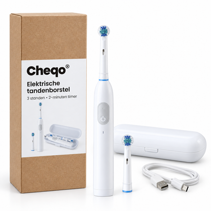 Cheqo® Elektrische Tandenborstel - Roterend - Oplaadbaar - Ronde Borstelkop - 3 Poetsstanden - 2-Minuten Timer - met Reisetui - Opzetborstels - Wit - voor Volwassenen - Oscillerend - USB-C — Cheqo verpakkingsconcept