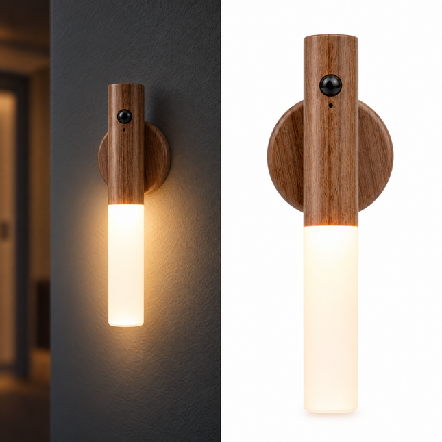 Cheqo® Nachtlampje met Bewegingssensor - Draadloze Wandlamp - LED Nachtlamp - USB Oplaadbaar - Magnetisch - Sensor Lampje - Muurlamp Binnen - Trapverlichting - Kastverlichting - Bedlamp voor Slaapkamer en Kinderkamer - Warm Wit - Houten Wandlamp — hoofdbeeld