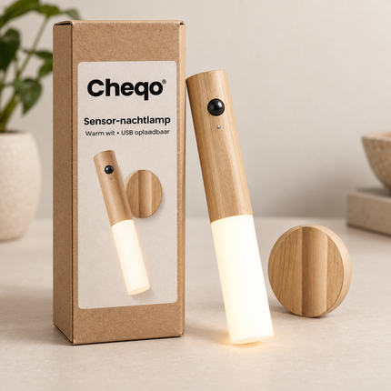 Cheqo® Nachtlamp met Bewegingssensor - Draadloze Wandlamp Binnen - Oplaadbare LED Lamp - Warm Wit Licht - Nachtlampje met Magneet - Sensorlamp - Zaklamp - Draagbare Lamp - USB Oplaadbaar - Noodverlichting voor Slaapkamer en Hal — Cheqo verpakkingsconcept