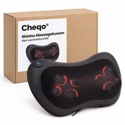 Cheqo® Shiatsu Massagekussen - Nekmassage Apparaat - Massagekussen Nek en Rug - met Warmtefunctie - Shiatsu Massage - Kneedmassage - voor Nek Schouders en Rug - Infrarood Massage - Rugmassage Apparaat - Schoudermassage - Massagekussen voor Auto — Cheqo verpakkingsconcept