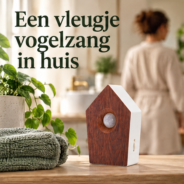 Cheqo® Vogelgeluiden Huisje met Sensor - Vogelhuisje met Geluid - Vogelzang Box - Bewegingssensor - Bewegingsmelder - Singing Bird Box - Vogelgekwetter - Natuurgeluiden - Houtlook Vogelhuisje - Decoratieve Luidspreker - voor Toilet en Badkamer — infographic 1