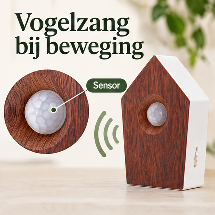 Cheqo® Vogelgeluiden Huisje met Sensor - Vogelhuisje met Geluid - Vogelzang Box - Bewegingssensor - Bewegingsmelder - Singing Bird Box - Vogelgekwetter - Natuurgeluiden - Houtlook Vogelhuisje - Decoratieve Luidspreker - voor Toilet en Badkamer — infographic 2