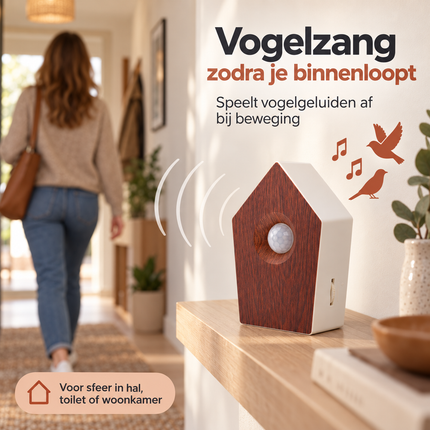 Cheqo® Vogelgeluiden Huisje met Sensor - Vogelhuisje met Geluid - Vogelzang Box - Bewegingssensor - Bewegingsmelder - Singing Bird Box - Vogelgekwetter - Natuurgeluiden - Houtlook Vogelhuisje - Decoratieve Luidspreker - voor Toilet en Badkamer — infographic 7