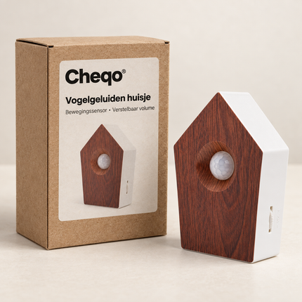 Cheqo® Vogelgeluiden Huisje met Sensor - Vogelhuisje met Geluid - Vogelzang Box - Bewegingssensor - Bewegingsmelder - Singing Bird Box - Vogelgekwetter - Natuurgeluiden - Houtlook Vogelhuisje - Decoratieve Luidspreker - voor Toilet en Badkamer — Cheqo verpakkingsconcept