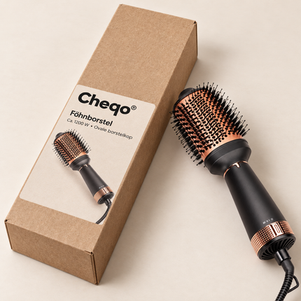 Cheqo® Föhnborstel - Warmteborstel - Haardroger Borstel - Volumeborstel - Hetelucht Borstel - Warme Luchtborstel - Haarstyler - Stijlborstel - Krulborstel - Ovale Borstel - Elektrische Haarborstel - Droogborstel - voor Alle Haartypen - Anti-Klit — Cheqo verpakkingsconcept