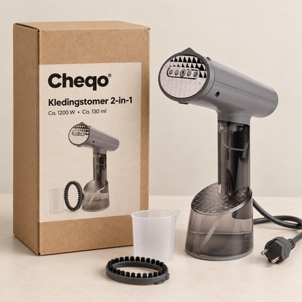 Cheqo® Kledingstomer 2 in 1 - Handheld Handstomer - Stoomapparaat Kleding - Kleding Stomer - Ontkreuker - Stoomstrijkijzer - Stoomreiniger - Garment Steamer - Steamer voor Kleding voor Thuis en op Reis - Verticaal en Horizontaal — Cheqo verpakkingsconcept