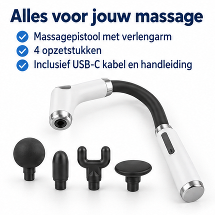 Cheqo® Massagepistool met 4 Opzetstukken - Massage Gun - Massageapparaat met Verlengarm - Nekmassage - Rugmassage - Schoudermassage - Spiermassage - Spierherstel - Triggerpoint Massage - Sportmassage - Zelfmassage - Massage Pistool Wit — infographic 6