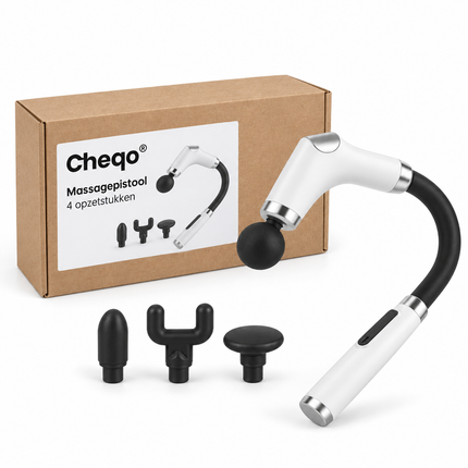 Cheqo® Massagepistool met 4 Opzetstukken - Massage Gun - Massageapparaat met Verlengarm - Nekmassage - Rugmassage - Schoudermassage - Spiermassage - Spierherstel - Triggerpoint Massage - Sportmassage - Zelfmassage - Massage Pistool Wit — Cheqo verpakkingsconcept