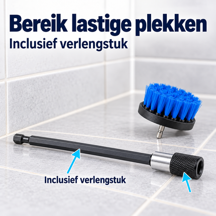 Cheqo® Borstelset voor Boormachine - Boorborstel Set van 7 - Reinigingsborstel Boormachine - Schoonmaakborstel - Schrobborstel - Opzetstuk voor Boormachine - Drill Brush - voor Auto - Badkamer en Voegen - Velgenborstel - met Verlengstuk — infographic 2