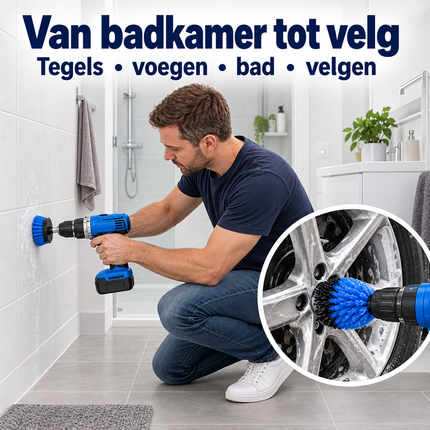 Cheqo® Borstelset voor Boormachine - Boorborstel Set van 7 - Reinigingsborstel Boormachine - Schoonmaakborstel - Schrobborstel - Opzetstuk voor Boormachine - Drill Brush - voor Auto - Badkamer en Voegen - Velgenborstel - met Verlengstuk — infographic 4