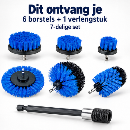 Cheqo® Borstelset voor Boormachine - Boorborstel Set van 7 - Reinigingsborstel Boormachine - Schoonmaakborstel - Schrobborstel - Opzetstuk voor Boormachine - Drill Brush - voor Auto - Badkamer en Voegen - Velgenborstel - met Verlengstuk — infographic 6